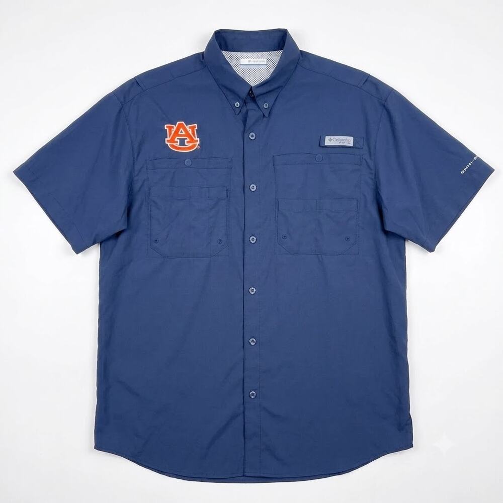 Auburn University Tigers Columbia PFG Tamiami Fishing Shirt Blue Mens Medium